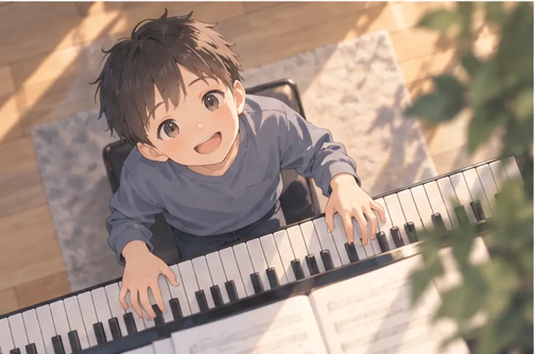 鍵盤の向こうから笑顔をのぞかせる男の子