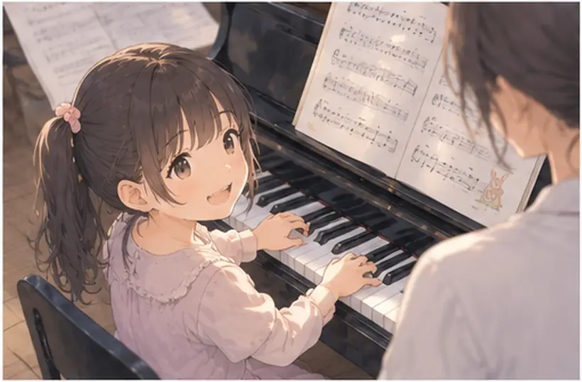譜面越しに鍵盤へ手をのばす小さな女の子