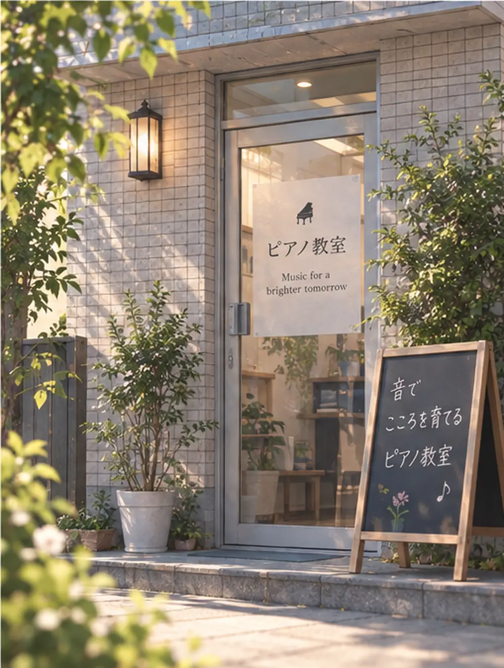 通りに面した教室の入口。黒板の看板が出ている