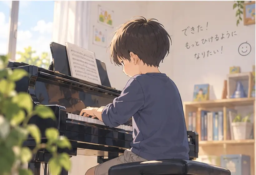譜面を見ながらピアノを弾く小学生の男の子