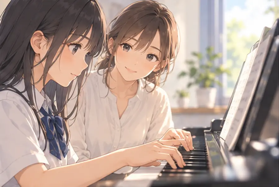 講師と並んで譜面を見る中学生