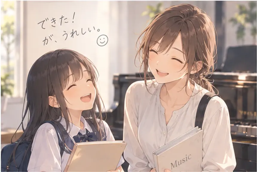 弾けた曲を前に笑い合う生徒と講師