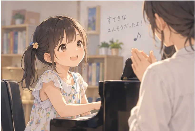 演奏が終わって拍手する講師と、振り向く生徒