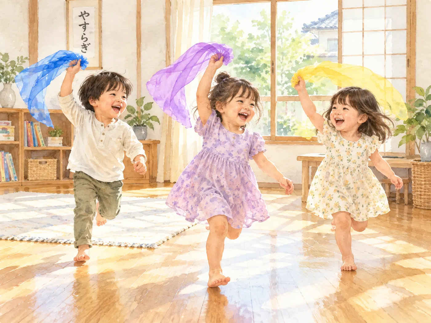日本の家の明るい部屋で、色とりどりのスカーフを振りながらはだしで走る3人の子ども