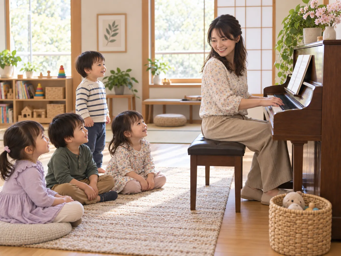 日本の家の明るい部屋で、先生がアップライトピアノを弾き、ラグに座った子どもたちが先生を見上げている