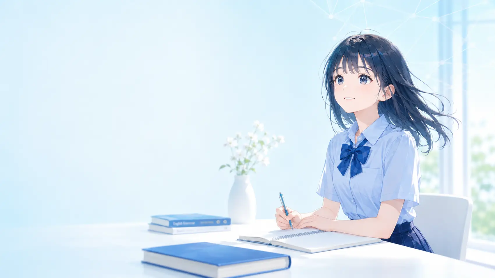 ノートに英語を書く中学生