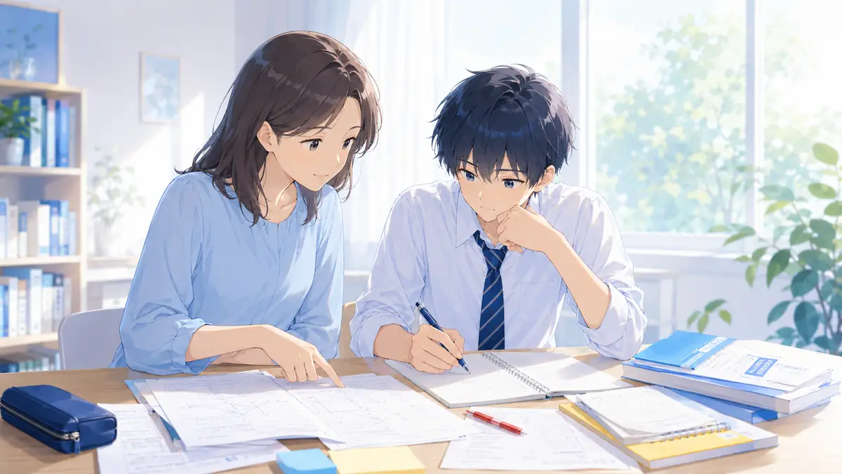 ノートを見ながら講師が中学生に説明している