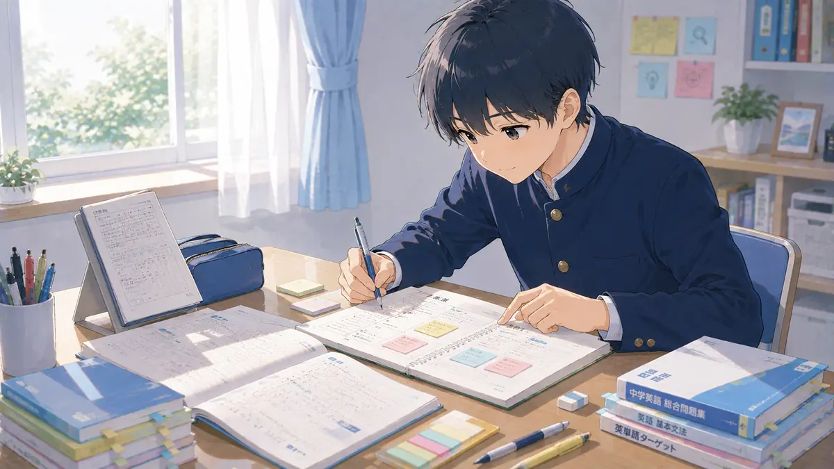 自習席で問題集に取り組む中学生