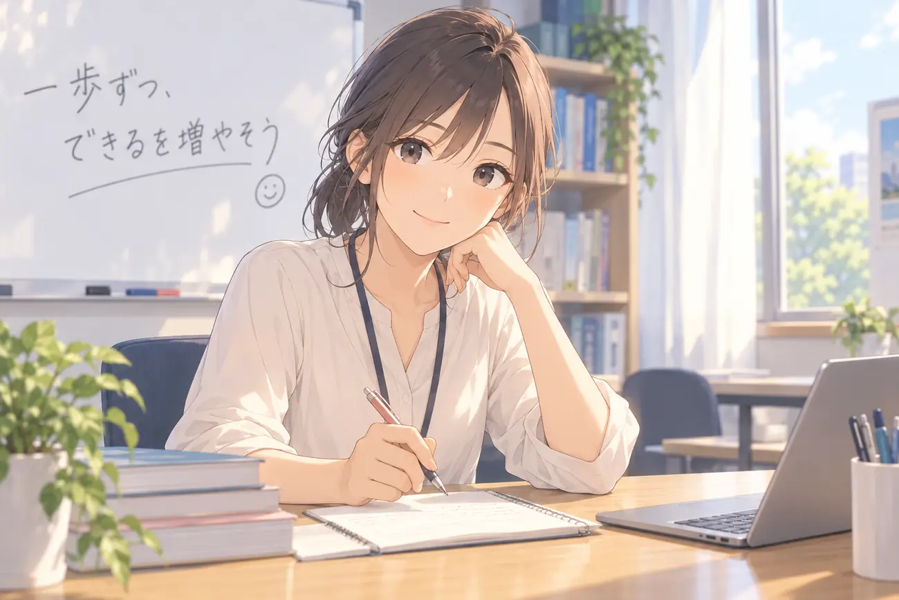 教室の机で生徒の学習計画を書いている講師の中村こずえ
