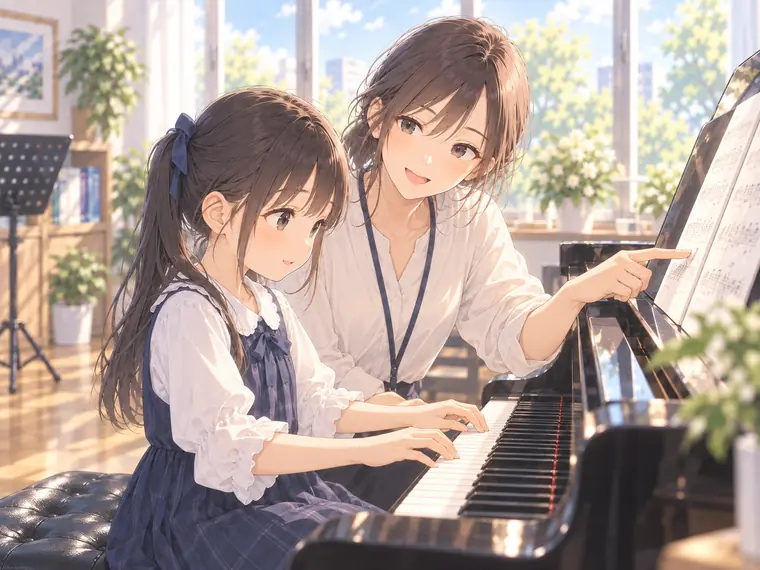 譜面を指す講師と、鍵盤に手を置く小学生の女の子