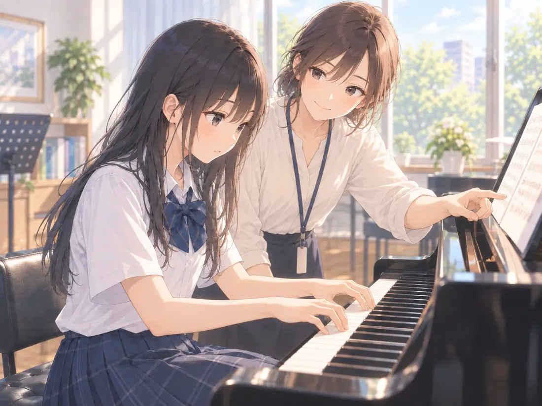 生徒が弾くのを後ろから見守る講師