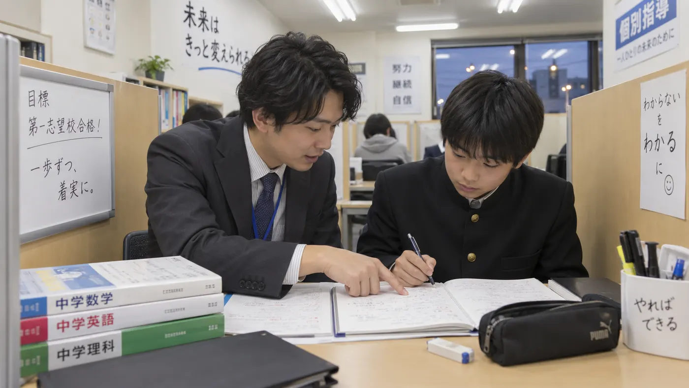 講師が中学生の隣に座り、ノートを指さしながら説明している