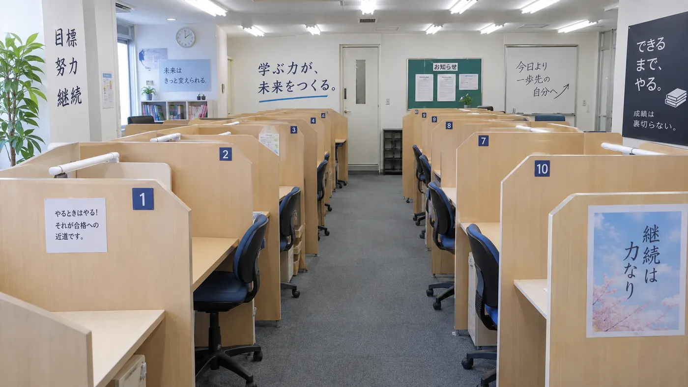 仕切りのある個別ブースが並ぶ明るい教室