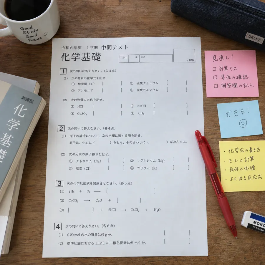化学のテスト用紙と赤ペン、付箋