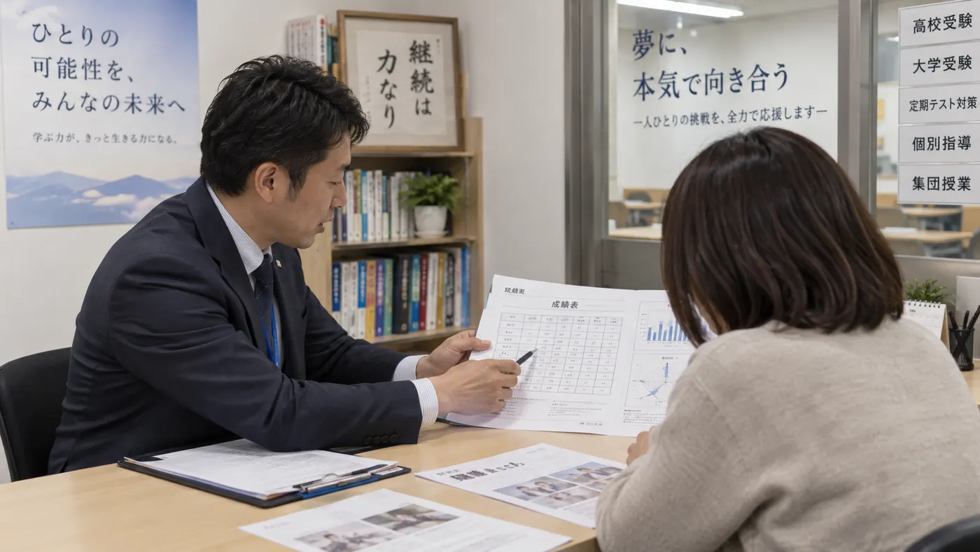 塾長が保護者に成績表を見せながら話している