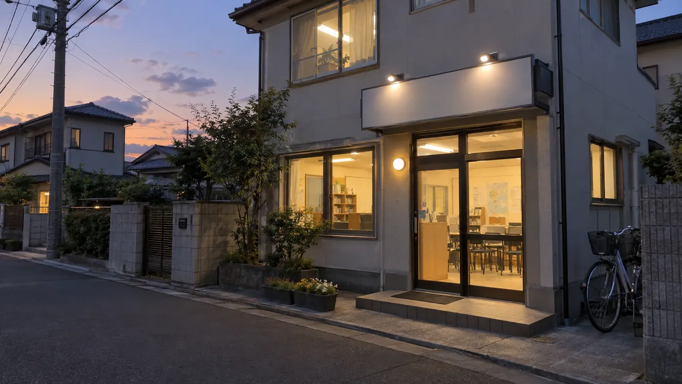 住宅地にある小さな塾の外観。夕暮れで窓に明かりがついている