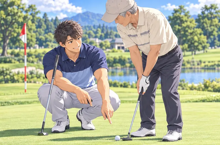 コーチがグリーン上でシニアの生徒にパットを教えている