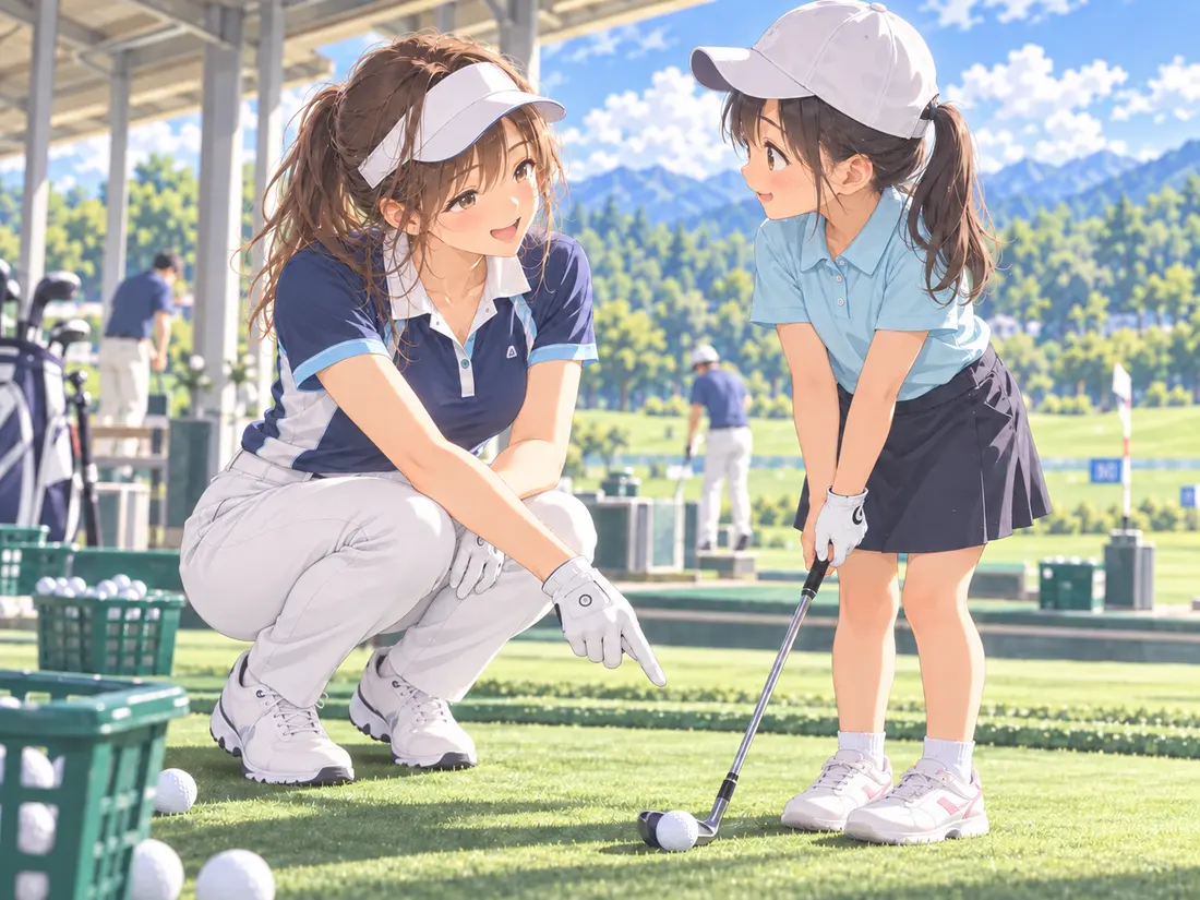 女性コーチがしゃがんで、クラブを構える女の子にボールの位置を指さして教えている