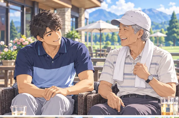 練習のあと、テラスで話すコーチとシニアの生徒