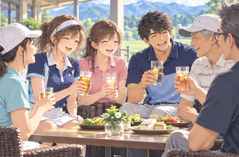 テラスのテーブルを囲み、グラスを持って笑い合う生徒さんとコーチ