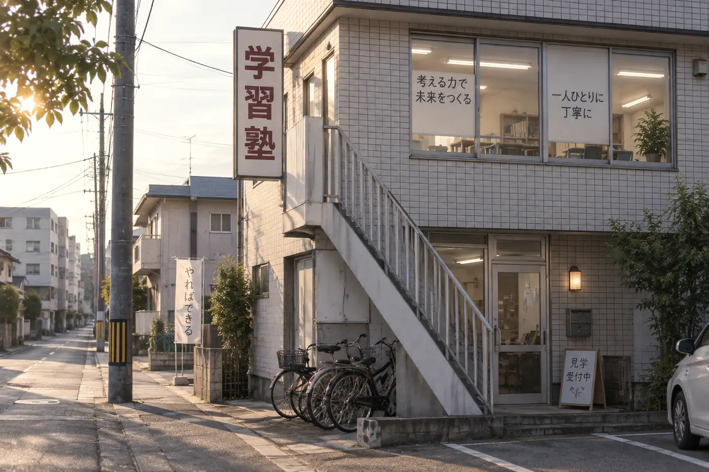 教室の外観。二階が教室で、建物の外階段から上がる