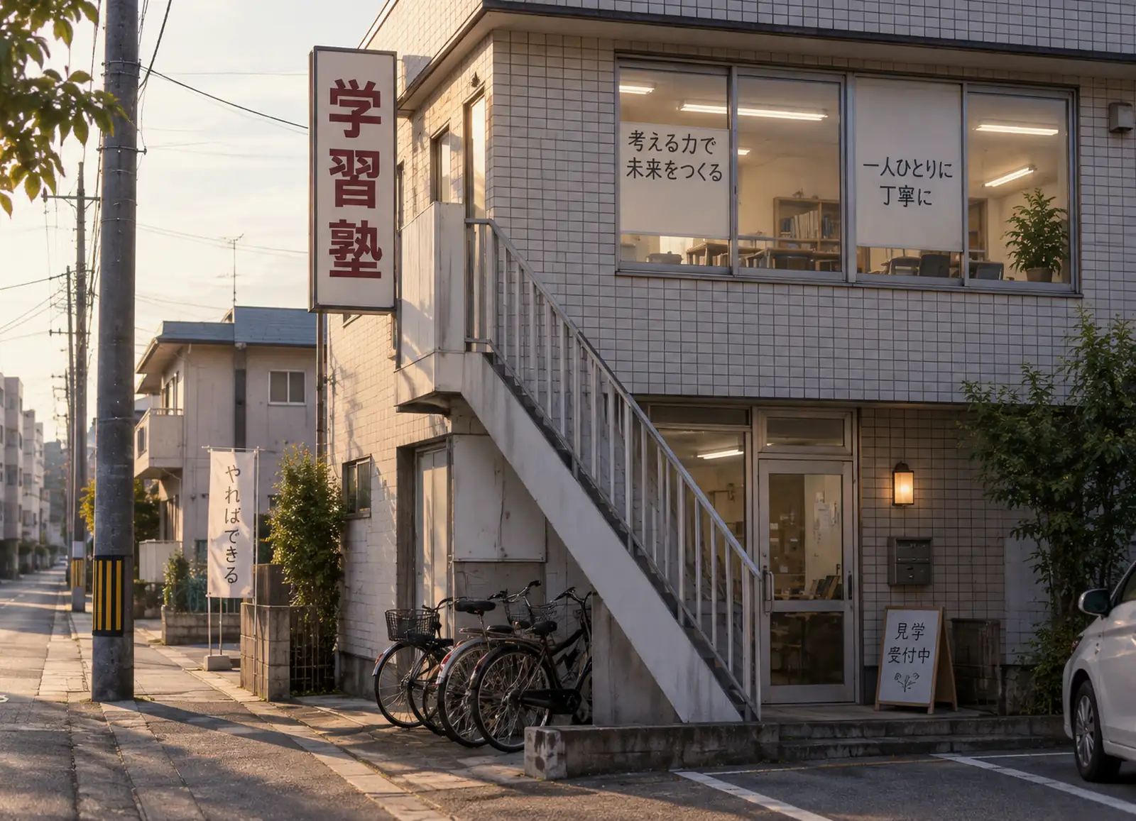 夕暮れの住宅街に建つ二階建ての教室