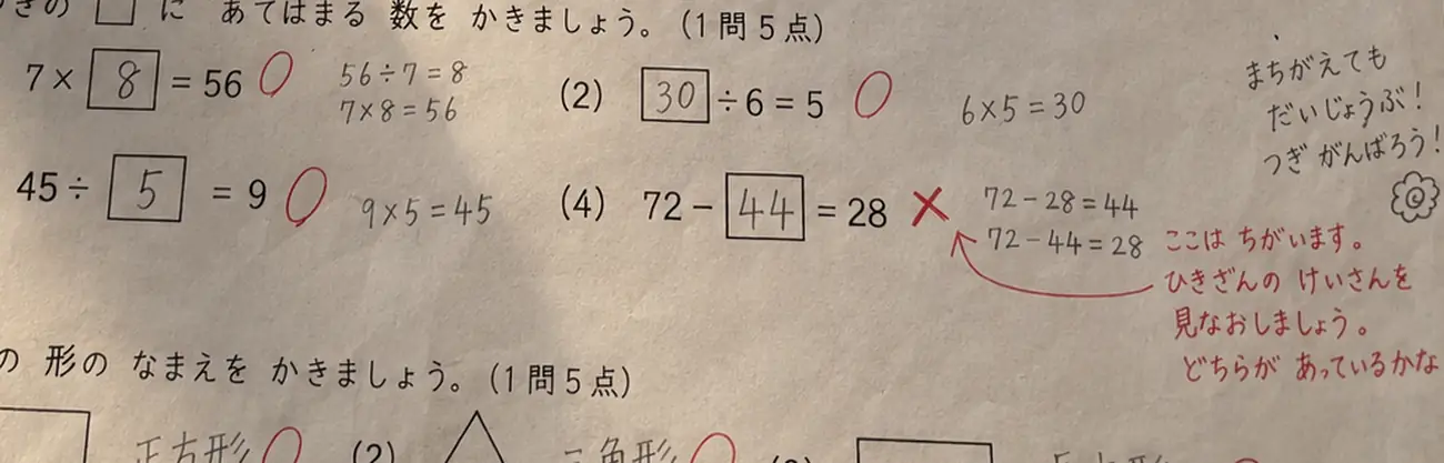 バツと赤ペンの訂正が書き込まれた答案の一部