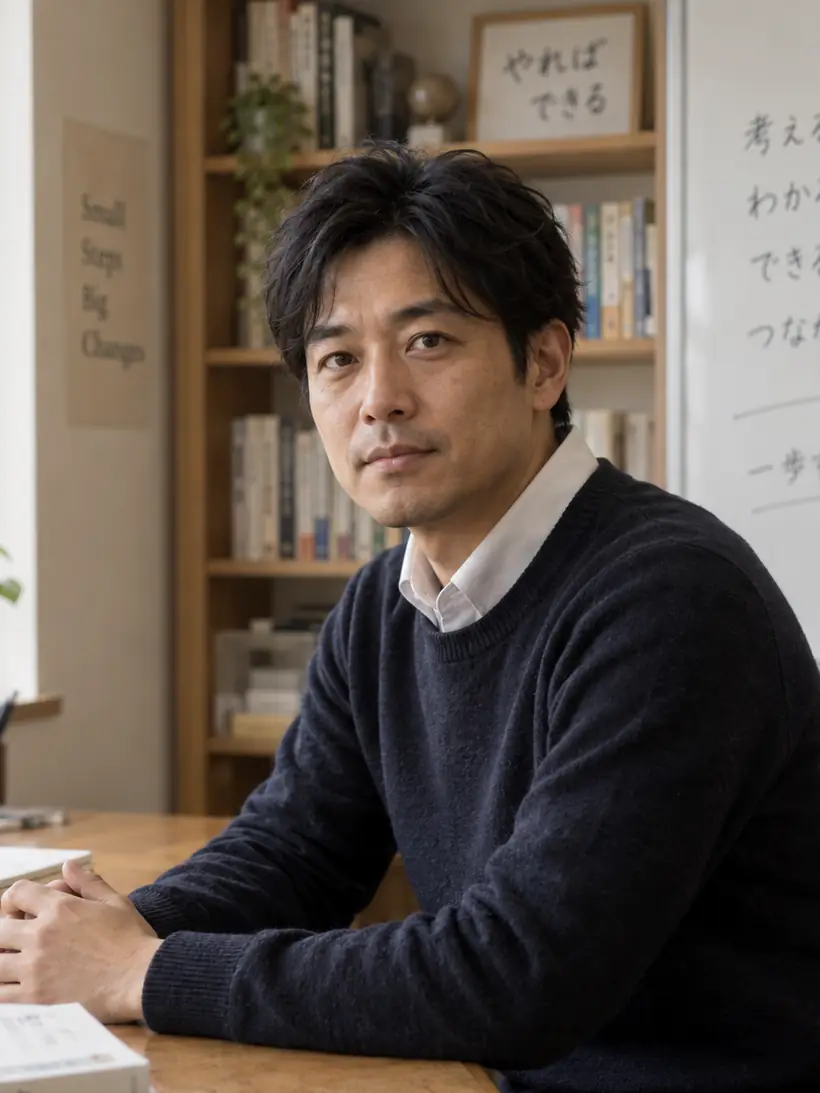 教室の机に座る塾長・岡部智之