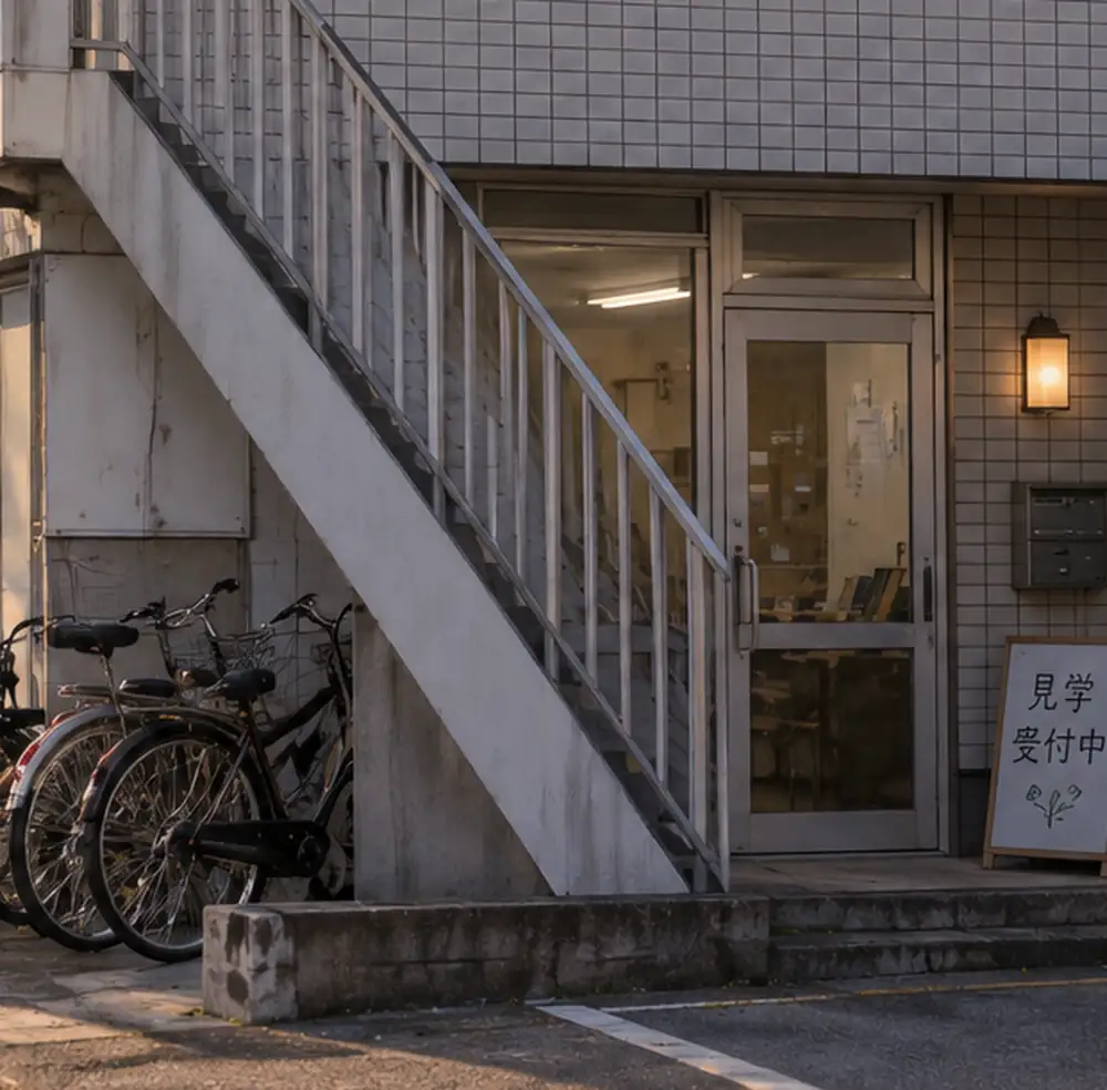 外階段と入口、停められた自転車