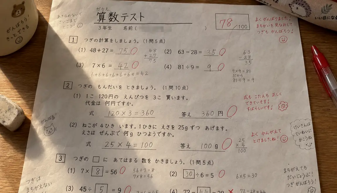 赤ペンの入った算数の答案