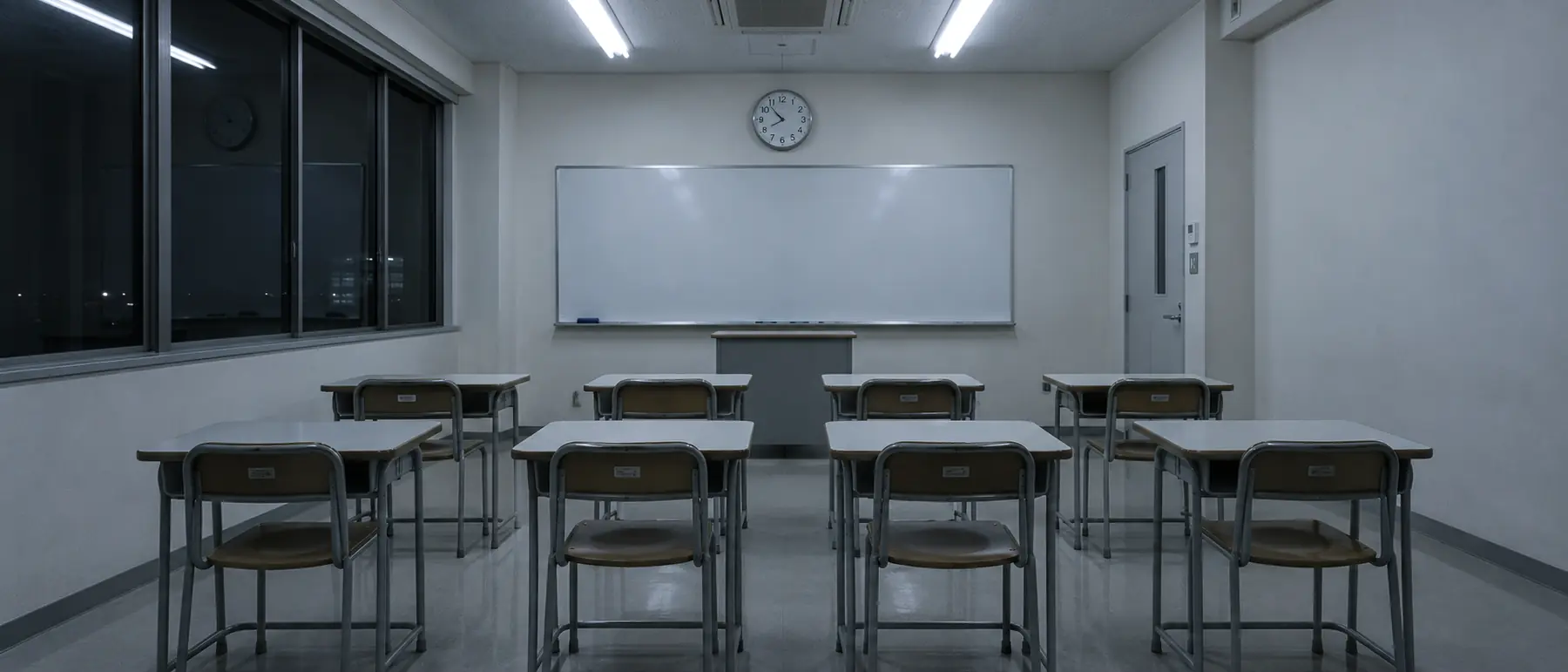 蛍光灯の下、机が八つだけ並んだ無人の教室