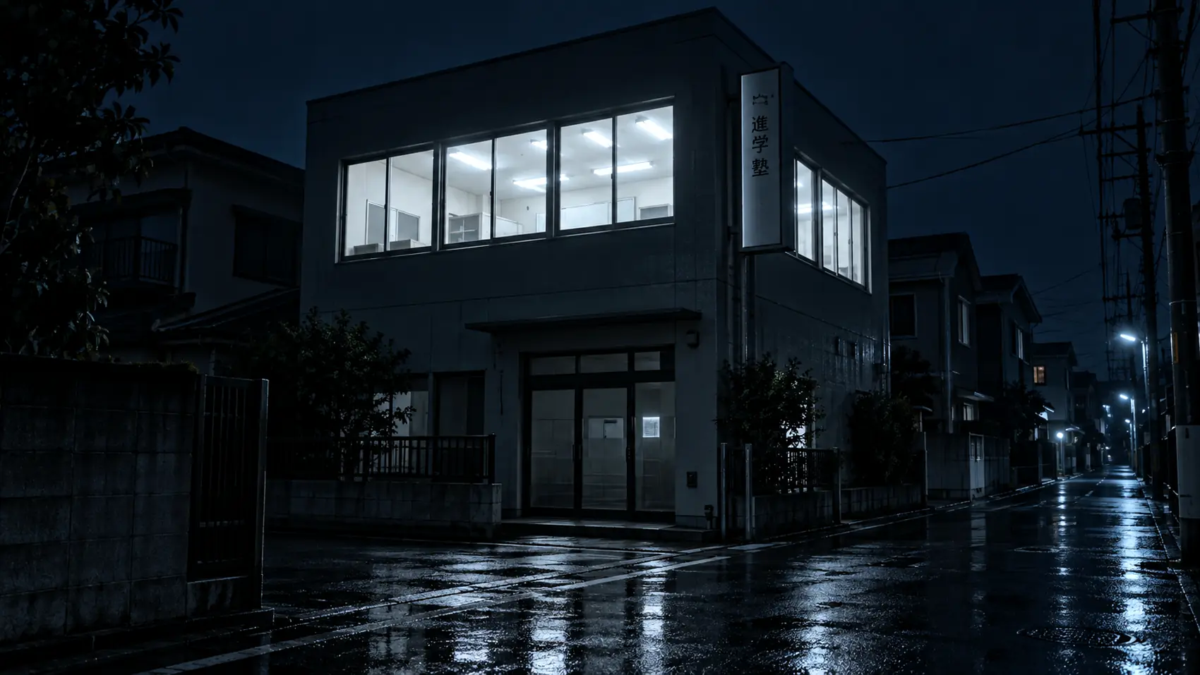 雨上がりの夜。二階の窓だけが白く光る教室の外観