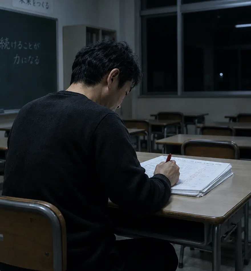 無人の教室で答案を採点する塾長の後ろ姿