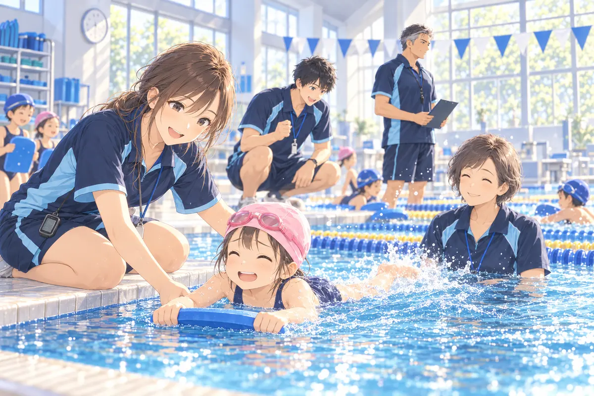 コーチがプールサイドから、ビート板でバタ足をする女の子に声をかけている