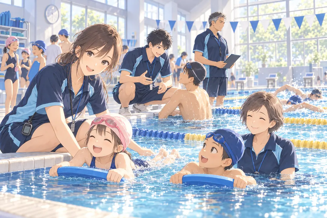 プールの浅いところで、コーチたちが子どもたちのバタ足を手伝っている