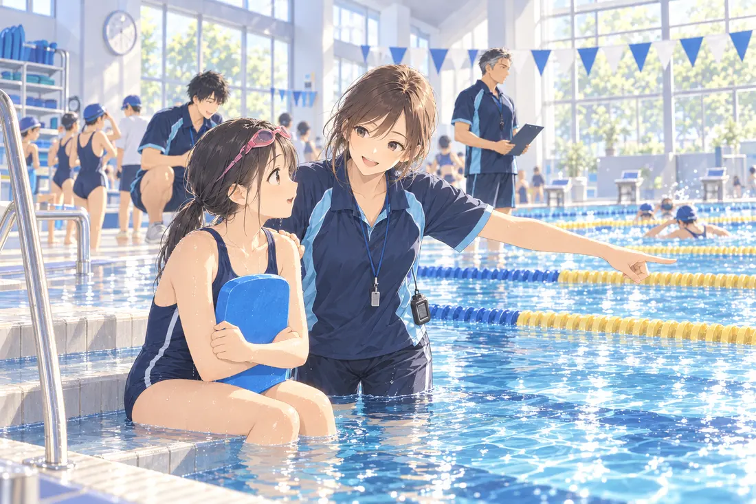プールサイドに腰かけた女の子に、コーチが泳ぐ先を指さして説明している