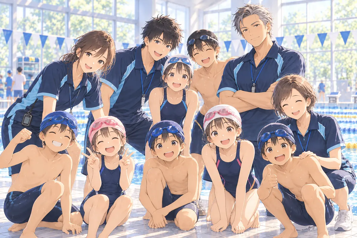 コーチたちと子どもたちが、プールサイドに集まって笑顔で並んでいる