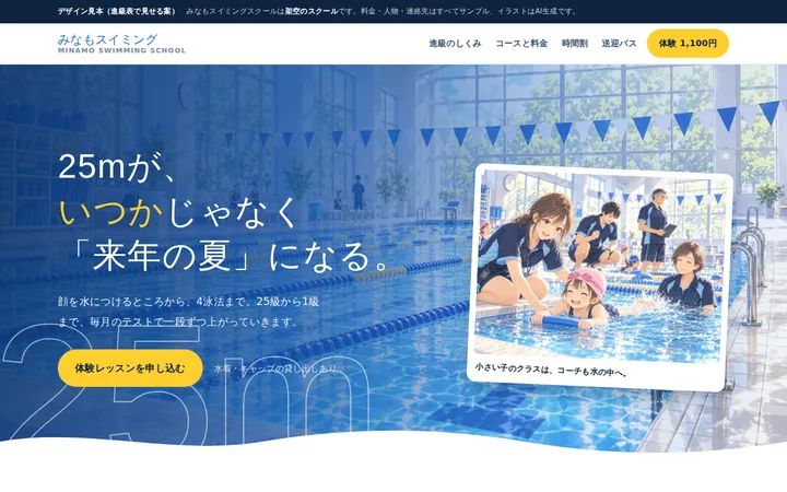 I案のトップ画面：プールの全景に大きな見出しと、傾けたレッスン写真